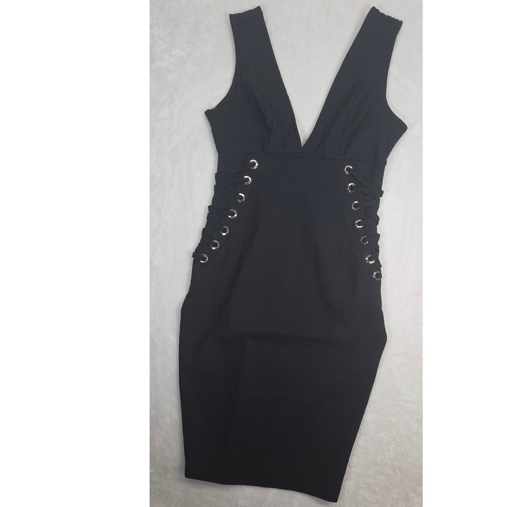 Iris Lace Up Bodycon Dress L Black Side Grommet Mini Sleeveless Clubwear FLAW